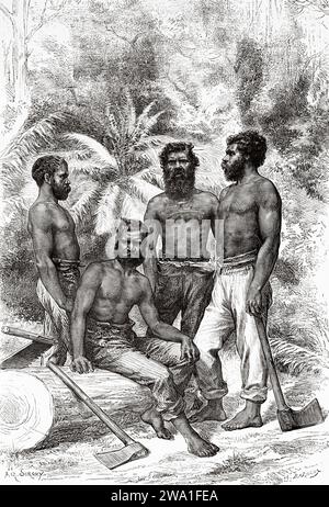 Australian aborigines in Coranderrk, Victoria, Australia. Six Months in Australia 1878 by Desire Charnay (1828 - 1915) Old 19th century engraving from Le Tour du Monde 1880 Stock Photo