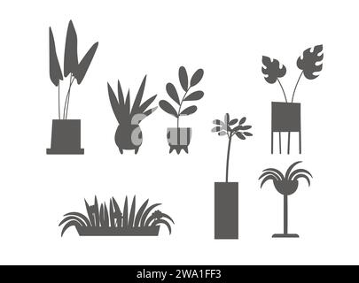 Set of potted plants silhouettes for icons or stickers. Flat style illustration of home flowers black shadows. Stock Vector
