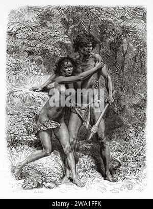 Australian native aboriginal man and woman. Queensland, Australia. Six Months in Australia 1878 by Desire Charnay (1828 - 1915) Old 19th century engraving from Le Tour du Monde 1880 Stock Photo