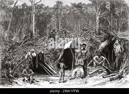 Australian native aboriginal men and women camp. Queensland, Australia. Six Months in Australia 1878 by Desire Charnay (1828 - 1915) Old 19th century engraving from Le Tour du Monde 1880 Stock Photo