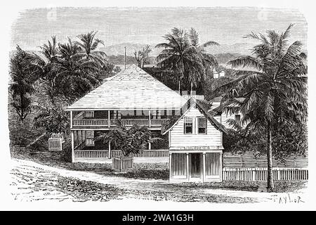 Traditional house among the palm trees. Colon, Republic of Panama. Central America. Explorations in the Isthmus of Panama and Darien 1876-1878 by Armand Reclus (1843 - 1927) Old 19th century engraving from Le Tour du Monde 1880 Stock Photo
