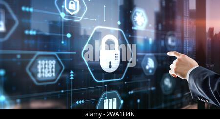 Businessman is touching icon Internet security network concept Stock Photo