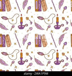 Seamless pattern. Stack of books and feather, burning candle, gem crystal pendant, master key, mushrooms and stars, magic wand. Colorful vector doodle Stock Vector