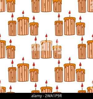 Seamless pattern with burning candles. Wax or paraffin. Colorful vector illustration hand drawn doodle with contour. Home decoration element, Christma Stock Vector