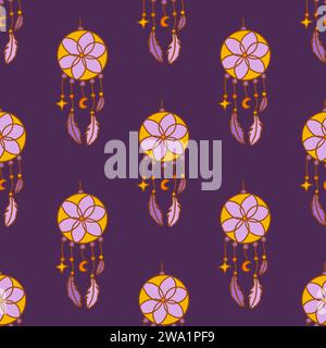 Seamless pattern with dreamcatcher with purple feathers, flower, yellow star and orange crescent. Protective amulet against insomnia and nightmares. C Stock Vector