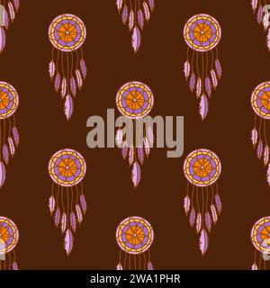 Seamless pattern with dreamcatcher with feathers and flower. Brown background. Protective amulet against insomnia and nightmares. Colorful vector illu Stock Vector