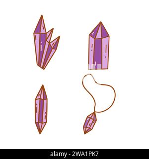 Set of crystals purple diamonds. Gemstones magic. Crystals with consciousness, conducting pure energies. Colorful vector isolated illustration hand dr Stock Vector