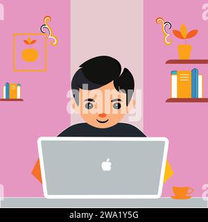 A boy working on a macbook vector illustration Stock Vector