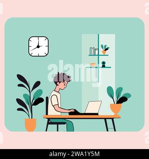 A cartoon boy working on laptop in a room vector illustration design Stock Vector