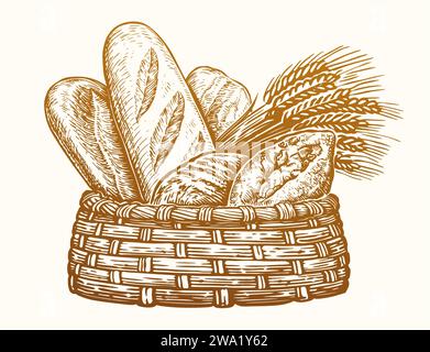 Bakery products in wicker basket. Fresh baked goods, sketch vintage vector illustration. Breads and ears of wheat Stock Vector