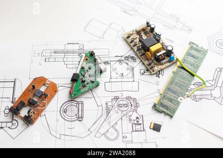several integrated circuit components on microcircuit diagram drawing Stock Photo