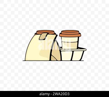 Coffee in paper cups and food, colored graphic design. Drink, hot drink, takeaway, meal and drinking, vector design and illustration Stock Vector