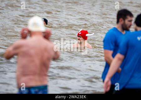 Haltern Am See, Germany. 01st Jan, 2024. A disguised swimmer in the cold water. 590 participants take part in the New Year's Swim 2024, a new record. Credit: Christoph Reichwein/dpa/Alamy Live News Stock Photo