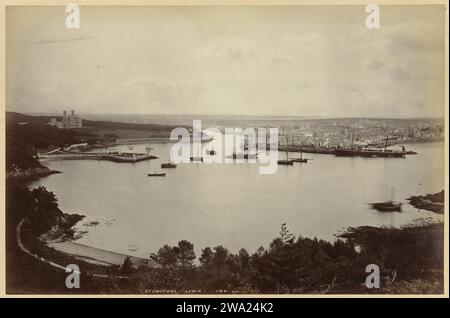 View of Stornoway, Lewis, with left Lews Castle, James Valentine, 1851 - 1880 photograph  Lewis paper. cardboard albumen print city-view in general; 'veduta'. castle. island Lews Castle Stock Photo