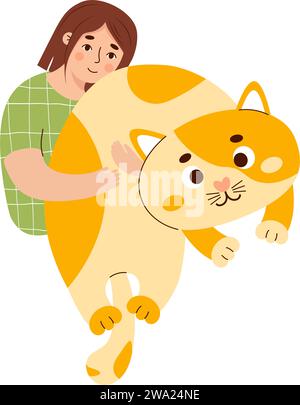 Girl hugs big toy cat. Soft plush anti-stress huggable toy. Person with comfortable cute soft animal to sleep and play. Vector illustration in flat st Stock Vector
