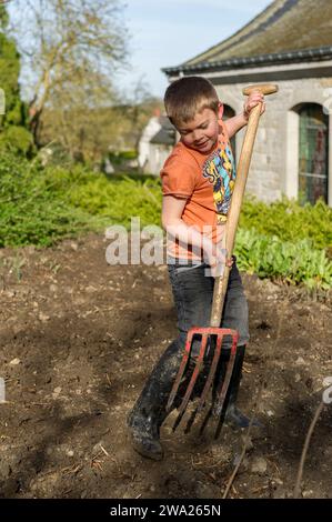 Enfant dans le potager avec une fourche beche. Creuser des trous pour planter des pommes de terre dans le sol. |  Boy in the vegetable garden digging Stock Photo