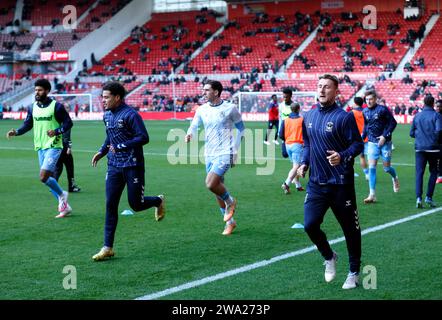 Coventry City's Luis Binks (centre) warming up ahead of the Sky Bet Championship match at the Riverside Stadium, Middlesbrough. Picture date: Monday January 1, 2024. Stock Photo