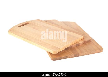 Three wooden cutting boards isolated on a white background. Copy space. Stock Photo