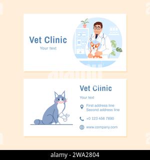 Veterinary visit card design template with text copy space. Young male veterinarian with dog in protective cone and cat with injured paw business card Stock Vector