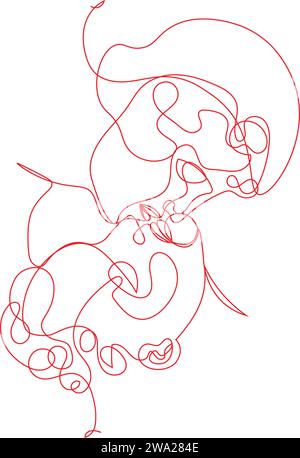 Red and white abstract art, two lovers faces in a kiss, represented with a continuous line Stock Vector