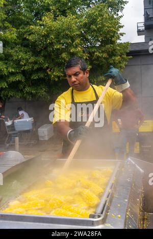 Boiling corn for the Corn and Apple Festival, Morden, Manitoba, Canada. Stock Photo