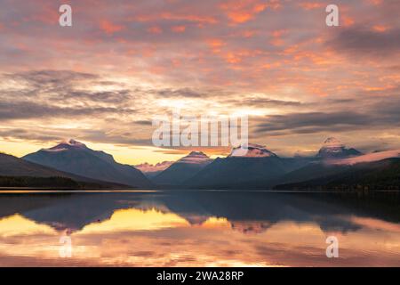 Sunset at Lake McDonald, Apgar village, West Glacier, Glacier National Park, Montana, USA. Stock Photo