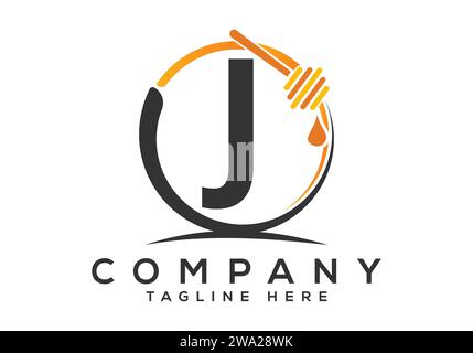 Honeycomb bees Logo With J Letter Concept. Honey logo font emblem vector illustration Stock Vector