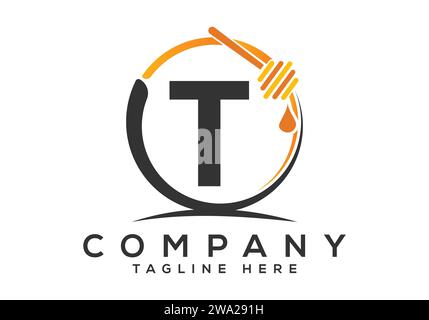 Honeycomb bees Logo With T Letter Concept. Honey logo font emblem vector illustration Stock Vector