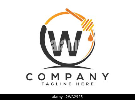 Honeycomb bees Logo With W Letter Concept. Honey logo font emblem vector illustration Stock Vector