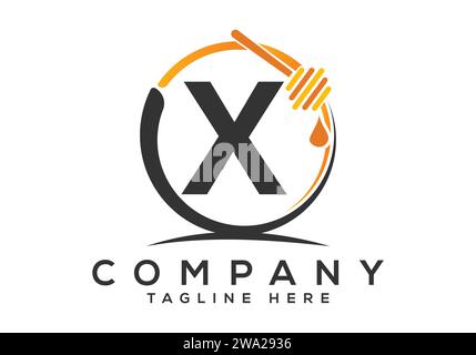 Honeycomb bees Logo With X Letter Concept. Honey logo font emblem vector illustration Stock Vector