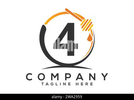 Honeycomb bees Logo With 4 Letter Concept. Honey logo font emblem vector illustration Stock Vector