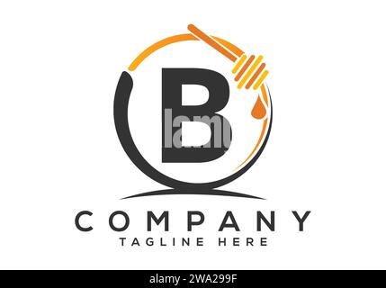 Honeycomb bees Logo With B Letter Concept. Honey logo font emblem vector illustration Stock Vector