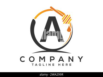 Honeycomb bees Logo With A Letter Concept. Honey logo font emblem vector illustration Stock Vector