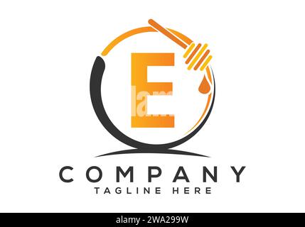 Honeycomb bees Logo With E Letter Concept. Honey logo font emblem vector illustration Stock Vector