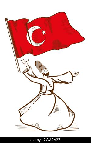 Sketch Drawing of the Official Flag of Turkey, Dancing Dervish symbols of Turkey. Turkish Tourist Attractions banner design. Stock Vector