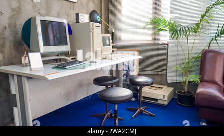 Apple Macintosh Classic Personal computer Old original computer with keyboard. Cropped shot view designer graphic creative creativity work tablet desi Stock Photo