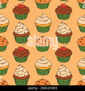 Seamless pattern with various cupcakes, doodle vector background Stock Vector