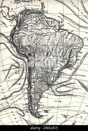 An historic black and white physical map of South America on a white background. Stock Photo