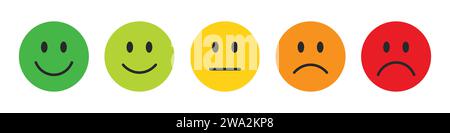 Rating emojis set in different colors. Feedback emoticons collection. Very happy, happy, neutral, sad and very sad emojis. Flat icon set of emoticons. Stock Vector
