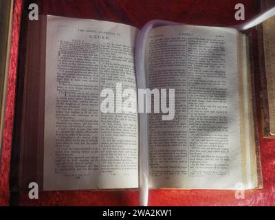 STONEHAVEN, UK - SEPTEMBER 14, 2023: Ancient English Bible Book Stock Photo