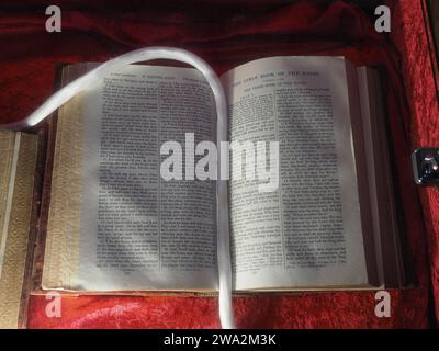 STONEHAVEN, UK - SEPTEMBER 14, 2023: Ancient English Bible Book Stock Photo