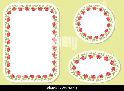 Set of 3 Decorative Wreaths with Branches, Berries, and Leaves. Vector Illustration. Frames, Circles, Square, and Oval. Stock Vector