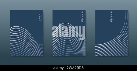 Japanese landscape background set cards gold line wave pattern vector illustration. Blue luxury Abstract template geometric wavy texture. Mountain Stock Vector
