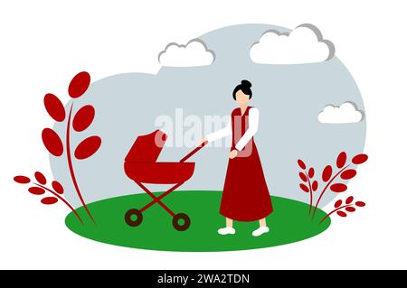 Mom walking with a baby stroller Stock Vector