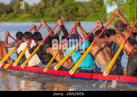 Local men's team training for the Dragon Boat race, Tonle Sap lake, Cambodia Stock Photo