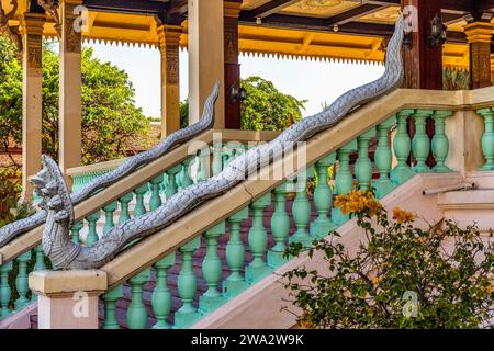 Naga balustrades at the entrance to the Phochani Pavilion in the Royal Palace, Phnom Penh, Cambodia Stock Photo