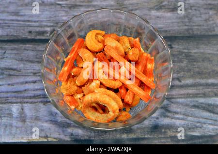 A mixture of Syrian crackers, salted and coated with flavors, in different shapes of mini sticks and rounded, flavored with cheese and ketchup, Syrian Stock Photo