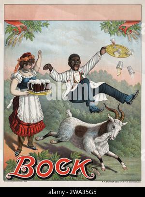 Bock Beer advertisement poster 1889 - Stock poster for Bock Beer, showing a waitress with a tray of beermugs exclaiming, as a billy goat, the symbol of bock beer, upsets an African American waiter and his tray of drinks Stock Photo