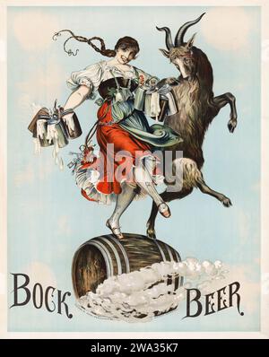 Bock Beer Advertisement Poster - Bock Bier - goat on hind legs, holding ...