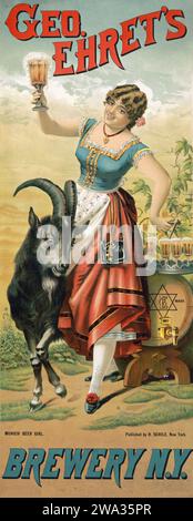 Geo. Ehret's brewery, Munich beer girl and a goat - Old and vintage beer advertising poster, c 1885 Stock Photo